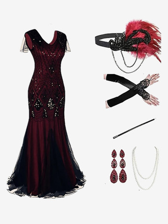 バーガンディーブルゴーニュレトロコスチューム女性のマリーアントワネット衣装フリンジスパンコールポリエステルセットドレスアクセサリーレトロパーティーウエディングドレス バーガンディ