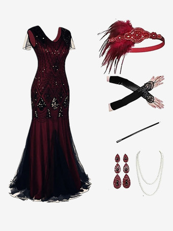 ブラックレッドブルゴーニュレトロコスチューム女性のマリーアントワネット衣装フリンジスパンコールポリエステルセットドレスアクセサリーレトロパーティーウエディングドレス バーガンディ