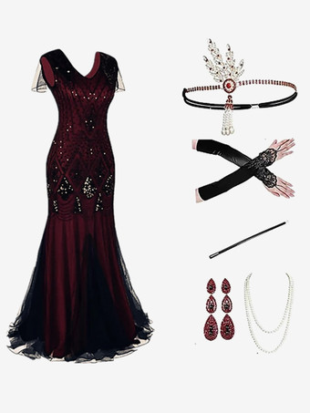 ブラック ブルゴーニュレトロコスチューム女性のマリーアントワネット衣装フリンジスパンコールポリエステルセットドレスアクセサリーレトロパーティーウエディングドレス バーガンディ