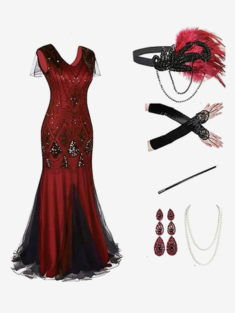 ダークレッド黒赤レトロ衣装スパンコールポリエステルアクセサリー女性のレトロマリーアントワネット衣装セットパーティーウエディングドレス バーガンディ