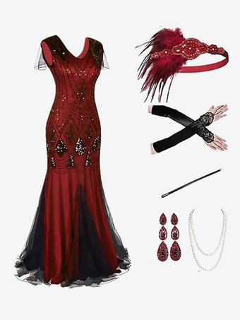 ワインレッド 黒赤レトロ衣装スパンコールポリエステルアクセサリー女性のレトロマリーアントワネット衣装セットパーティーウエディングドレス バーガンディ