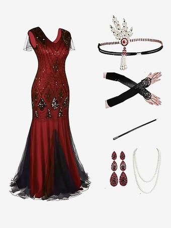 ブラックレッド黒赤レトロ衣装スパンコールポリエステルアクセサリー女性のレトロマリーアントワネット衣装セットパーティーウエディングドレス バーガンディ