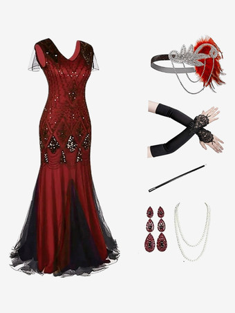 ブラック 黒赤レトロ衣装スパンコールポリエステルアクセサリー女性のレトロマリーアントワネット衣装セットパーティーウエディングドレス バーガンディ