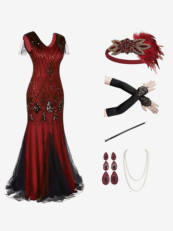 レッド＋ブラック黒赤レトロ衣装スパンコールポリエステルアクセサリー女性のレトロマリーアントワネット衣装セットパーティーウエディングドレス バーガンディ