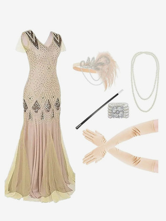 ベージュアプリコットレトロコスチューム女性のフリンジスパンコールマリーアントワネット衣装ポリエステルセットアクセサリードレスレトロ仮面舞踏会夜会服