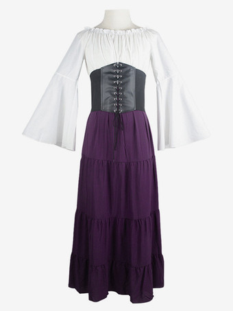 パープル 黒のレトロな衣装レースアップポリエステルカラーブロックマリー・アントワネット衣装ドレス女性のレトロセットヴィンテージ服 バーガンディ