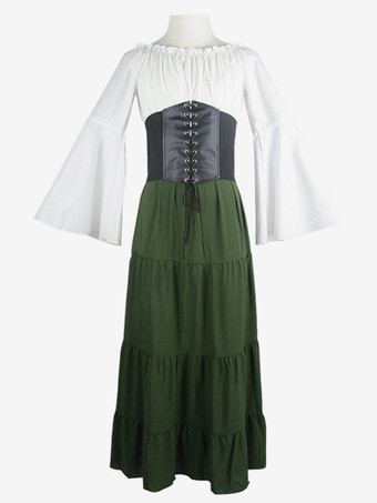 グリーン 黒のレトロな衣装レースアップポリエステルカラーブロックマリー・アントワネット衣装ドレス女性のレトロセットヴィンテージ服 バーガンディ