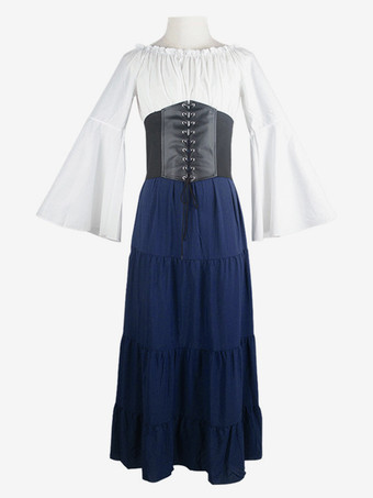 ブルー 黒のレトロな衣装レースアップポリエステルカラーブロックマリー・アントワネット衣装ドレス女性のレトロセットヴィンテージ服 バーガンディ