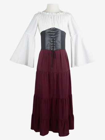 ワインレッド 黒のレトロな衣装レースアップポリエステルカラーブロックマリー・アントワネット衣装ドレス女性のレトロセットヴィンテージ服 バーガンディ