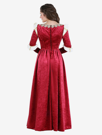 ブルゴーニュレトロ衣装レースポリエステルカラーブロックドレス女性のレトロマリーアントワネット衣装セット仮面舞踏会夜会服