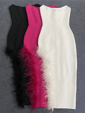 ボディコンドレス フェザートリム オフショルダー アシンメトリー パーティークラブドレス