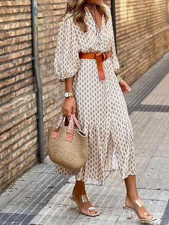 ボヘミアンドレス Vネック 七分丈 ベルト付き ティアード デイリーカジュアル ミディドレス