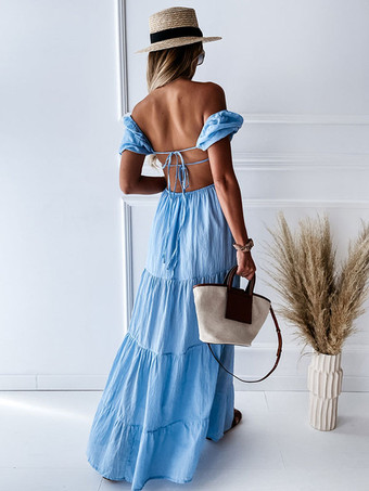 無地サマードレス ティアードオフショルダー マキシドレス