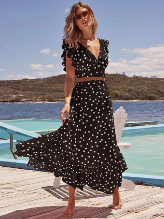 ブラック 水玉模様のノースリーブボディスとティアードフルスカートフリル2点セット