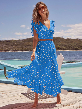 ブルー 水玉模様のノースリーブボディスとティアードフルスカートフリル2点セット