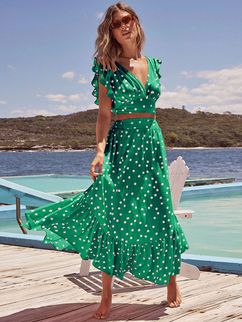 グリーン 水玉模様のノースリーブボディスとティアードフルスカートフリル2点セット