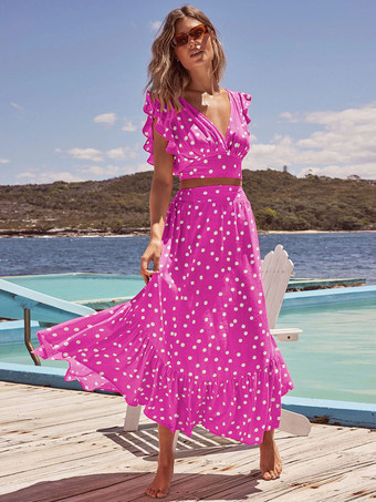 ローズレッド水玉模様のノースリーブボディスとティアードフルスカートフリル2点セット