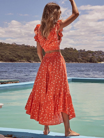 水玉模様のノースリーブボディスとティアードフルスカートフリル2点セット