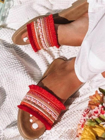 レディース フリンジ ラウンドトゥ ポリエステル スライド サンダル レッド