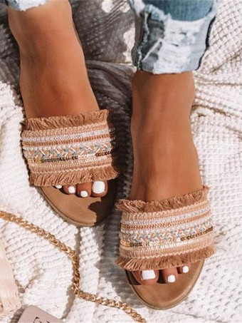 ライト アプリコットレディース フリンジ ラウンドトゥ ポリエステル スライド サンダル レッド