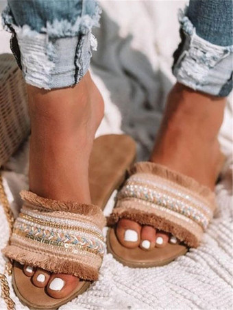 レディース フリンジ ラウンドトゥ ポリエステル スライド サンダル レッド