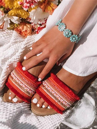 レッド レディース フリンジ ラウンドトゥ ポリエステル スライド サンダル レッド