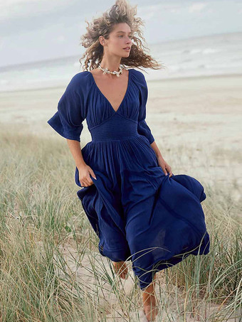 Boho Dress Pleated V-Neck Three Quarters Sleeves Beach Maxi Dresses