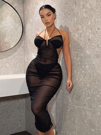 ブラック 超セクシーなクラブドレス スパゲッティストラップ 半透明 ナイトアウト ボディコンドレス