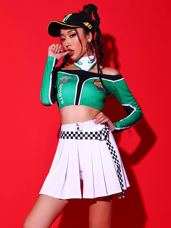 グリーン ジャズダンス衣装女の子ポリエステルトップパンツスカートダンスウェア