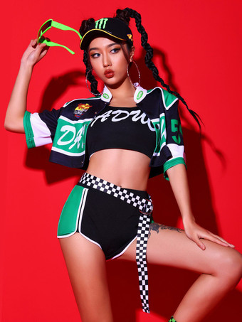 グリーン ジャズダンス衣装女性用ポリエステルオーバーコートトップパンツダンスウェア