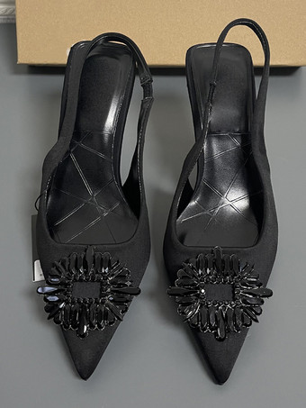 女性用 スリングバック ヒール ラインストーン スティレットヒール パンプス ブラック PU レザー