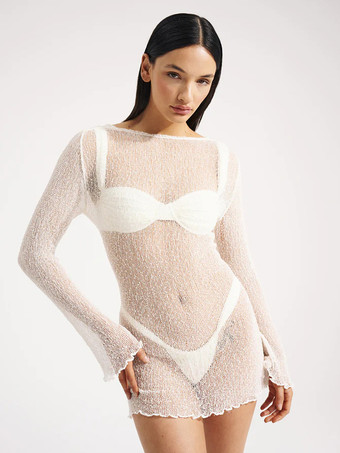 ホワイト カバーアップ ボートネック ローバック 長袖 ビーチ 水着