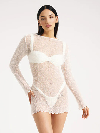 ホワイト カバーアップ ボートネック ローバック 長袖 ビーチ 水着