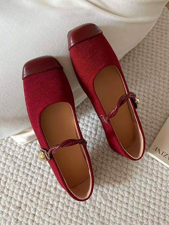 Rote Ballerinas für Damen quadratische Zehenpartie flache Vintage-Schuhe
