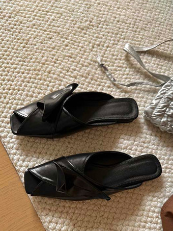 ブラック レディース ブラック ミュール スクエアトゥ PU デザイン バックレス スリッポン スリッパ