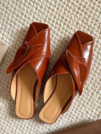 ブラウン レディース ブラック ミュール スクエアトゥ PU デザイン バックレス スリッポン スリッパ