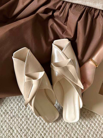 レディース ブラック ミュール スクエアトゥ PU デザイン バックレス スリッポン スリッパ