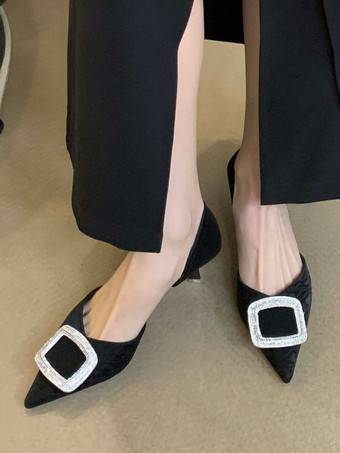 ブラック 女性用 ミッドローヒール ひもつま先 ラインストーン ポインテッドトゥ キトゥンヒール 日常 カジュアル パンプス ブラック