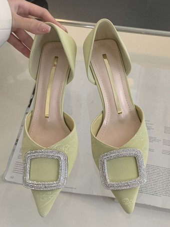 黄緑色女性用 ミッドローヒール ひもつま先 ラインストーン ポインテッドトゥ キトゥンヒール 日常 カジュアル パンプス ブラック