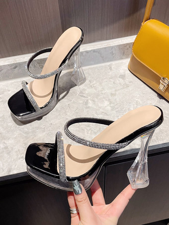 Black High Heel Sexy Sandals Black PU Leather Open Toe 1.2