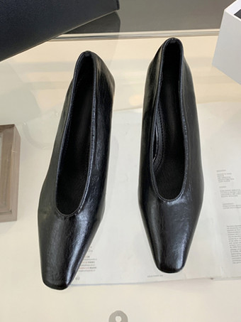 ブラック ブラック ハイヒール スクエア トゥ チャンキー ヒール スリッポン パンプス