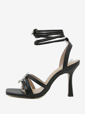 ブラック レディース ヒール サンダル ホワイト オープントゥ スティレットヒール ラインストーン レースアップ サンダル
