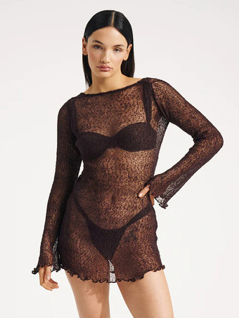 ホワイト カバーアップ ボートネック ローバック 長袖 ビーチ 水着