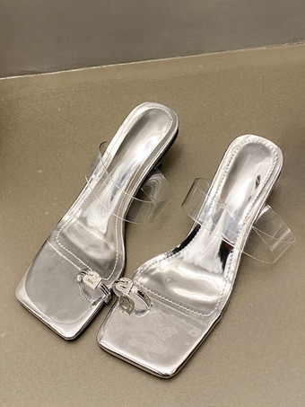 Silver Women's Slide Sandals Elegant Rhinestones PU Leather Transparente Square Toe Stiletto Heel Slippers