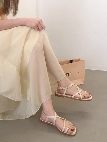 レディース クロス PU レザー フラット サンダル スクエアトゥ