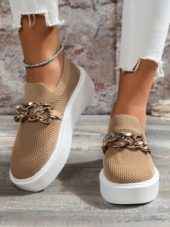 kaki Baskets plates décontractées à bout rond avec chaîne élastique pour femmes
