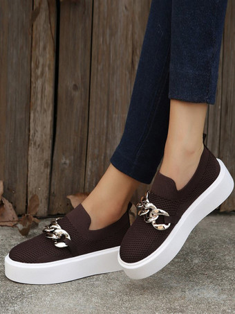 MarronBaskets plates décontractées à bout rond avec chaîne élastique pour femmes