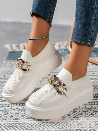 blanc Baskets plates décontractées à bout rond avec chaîne élastique pour femmes