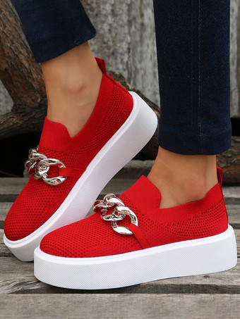 rouge Baskets plates décontractées à bout rond avec chaîne élastique pour femmes