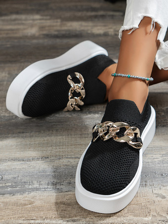 noir Baskets plates décontractées à bout rond avec chaîne élastique pour femmes